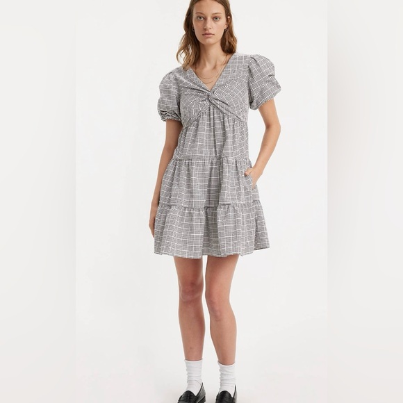 Levi’s Volume Sleeved Tiered Dress; Gingham - Grey; Size L - Picture 2 of 4